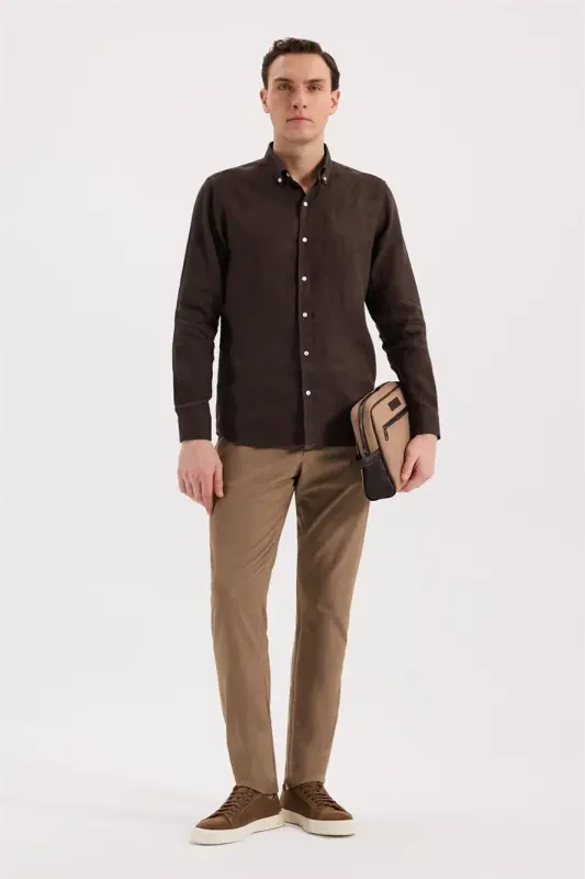 Kahve Comfort Fit %100 Keten Düğmeli Yaka Gömlek - 2
