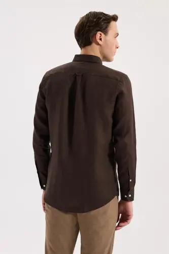 Kahve Comfort Fit %100 Keten Düğmeli Yaka Gömlek - 4