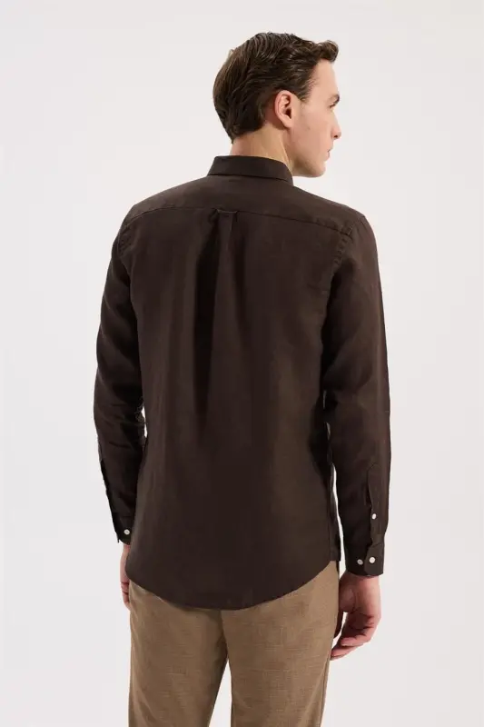 Kahve Comfort Fit %100 Keten Düğmeli Yaka Gömlek - 4