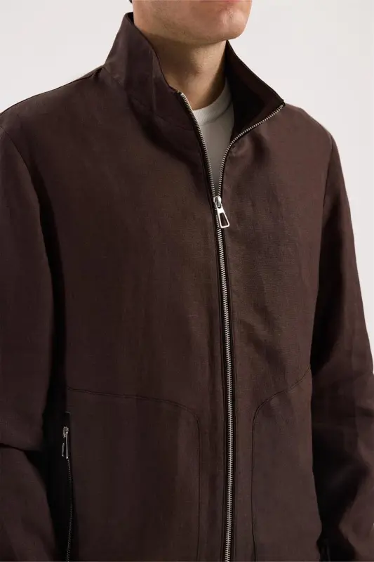 Kahve Comfort Fit %100 Keten Mevsimlik Spor Mont - 3