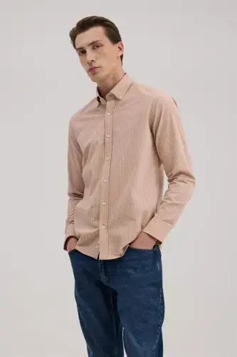 Kahve Comfort Fit %100 Pamuk Çizgili Gömlek - 2