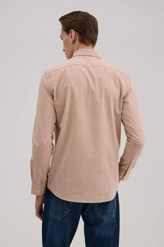 Kahve Comfort Fit %100 Pamuk Çizgili Gömlek - 4