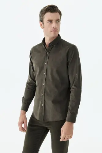 Kahve Comfort Fit %100 Pamuk Kadife Gömlek - 3