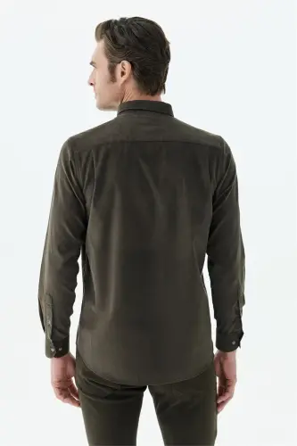 Kahve Comfort Fit %100 Pamuk Kadife Gömlek - 5