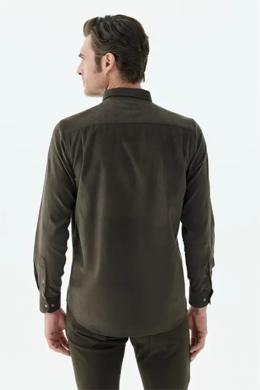 Kahve Comfort Fit %100 Pamuk Kadife Gömlek - 5