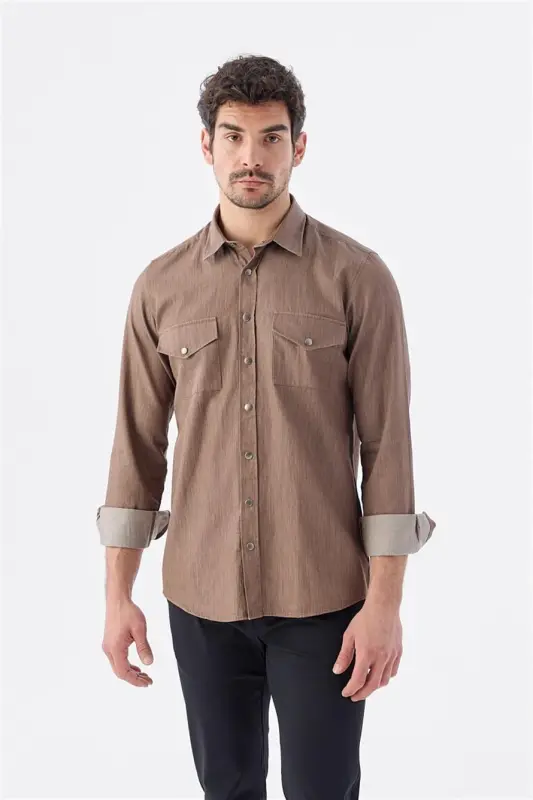 Kahve Comfort Fit Cepli Çıtçıtlı %100 Pamuk Kot Gömlek - 1