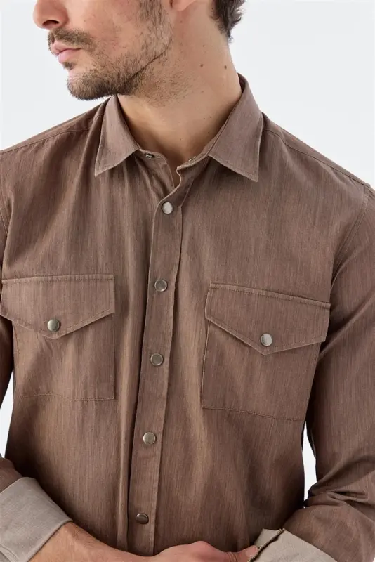 Kahve Comfort Fit Cepli Çıtçıtlı %100 Pamuk Kot Gömlek - 4