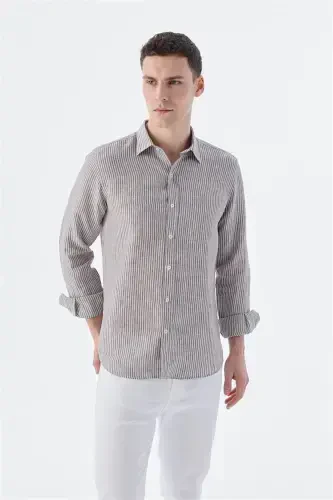 Kahve Comfort Fit Çizgilli %100 Keten Gömlek 