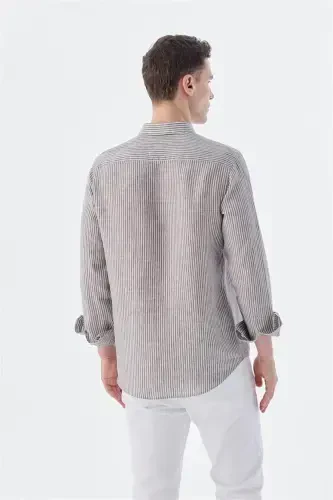 Kahve Comfort Fit Çizgilli %100 Keten Gömlek - 4