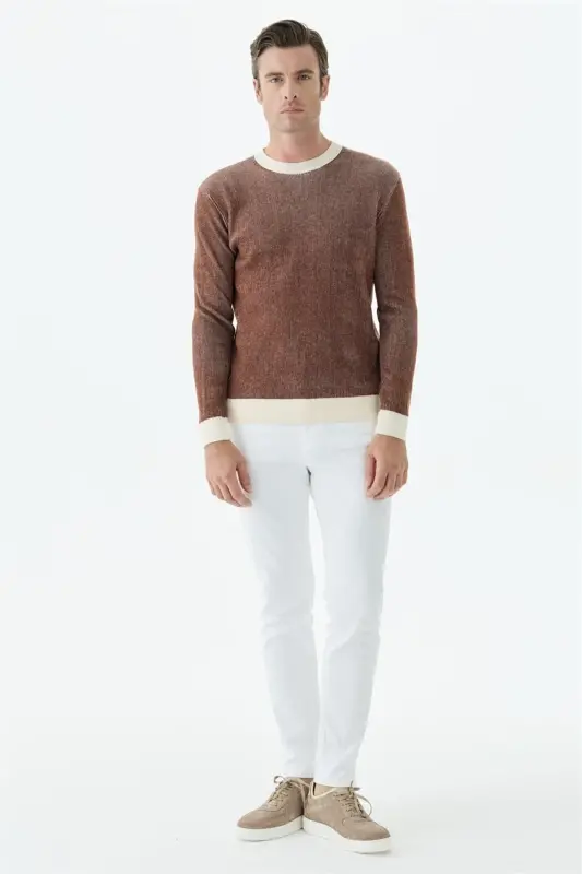 Kahve Comfort Fit Desenli Bisiklet Yaka Triko - 1