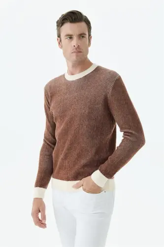 Kahve Comfort Fit Desenli Bisiklet Yaka Triko - Jakamen (1)