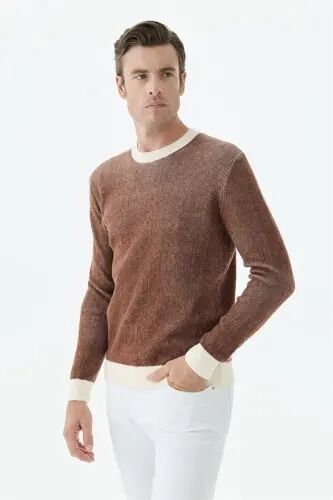 Kahve Comfort Fit Desenli Bisiklet Yaka Triko - Jakamen (1)