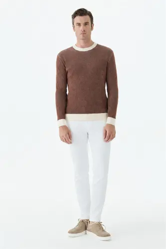 Kahve Comfort Fit Desenli Bisiklet Yaka Triko - Jakamen (1)