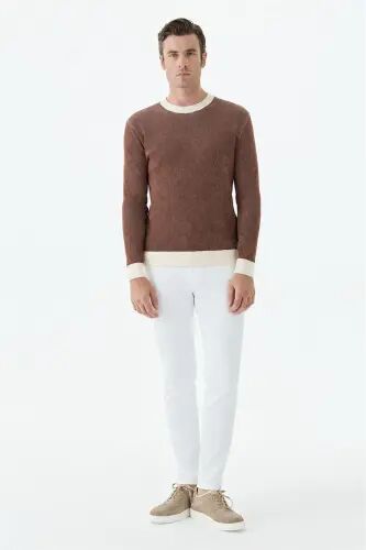 Kahve Comfort Fit Desenli Bisiklet Yaka Triko - Jakamen (1)