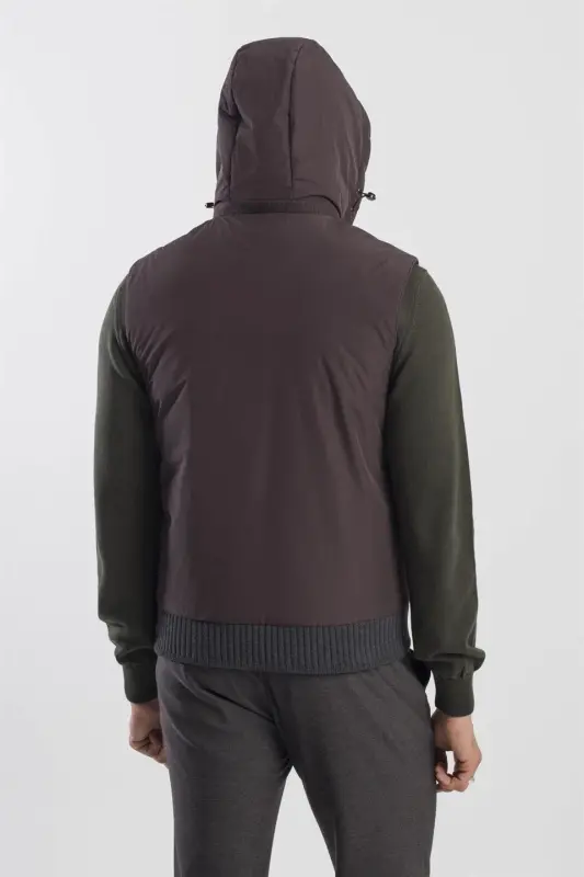 Kahve Comfort Fit Desenli Çıkarılabilir Kapüşonlu Yelek - 4