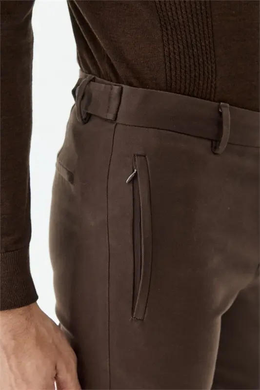 Kahve Comfort Fit Fermuarlı Cepli Kanvas Pantolon - 4