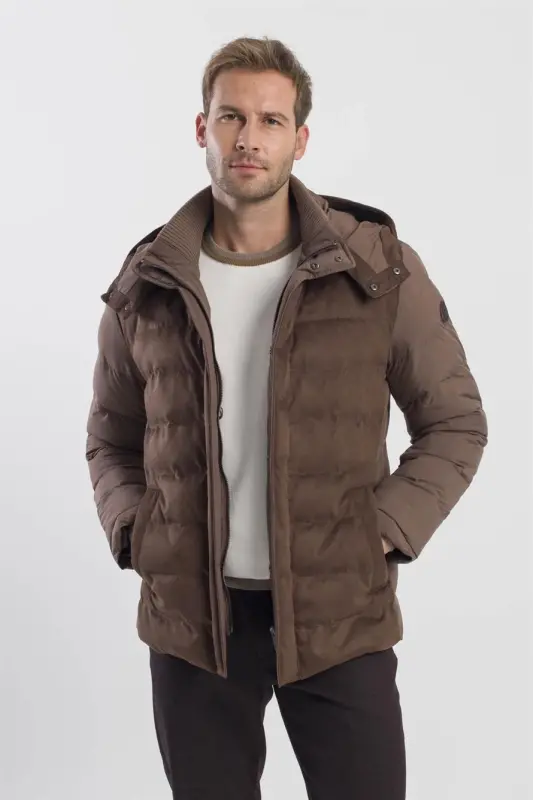 Kahve Comfort Fit Kapüşonlu Şişme Mont - 1