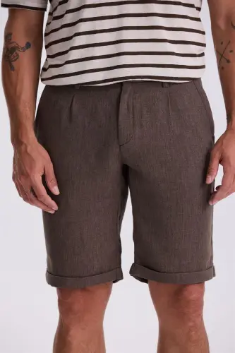 Kahve Comfort Fit Keten Dokulu Rahat Kesim Duble Paça Şort - 3