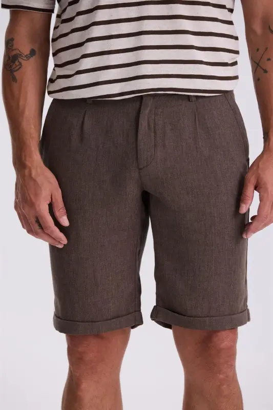 Kahve Comfort Fit Keten Dokulu Rahat Kesim Duble Paça Şort - 3