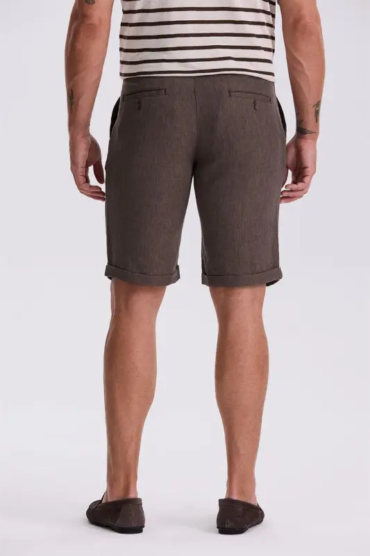 Kahve Comfort Fit Keten Dokulu Rahat Kesim Duble Paça Şort - 4