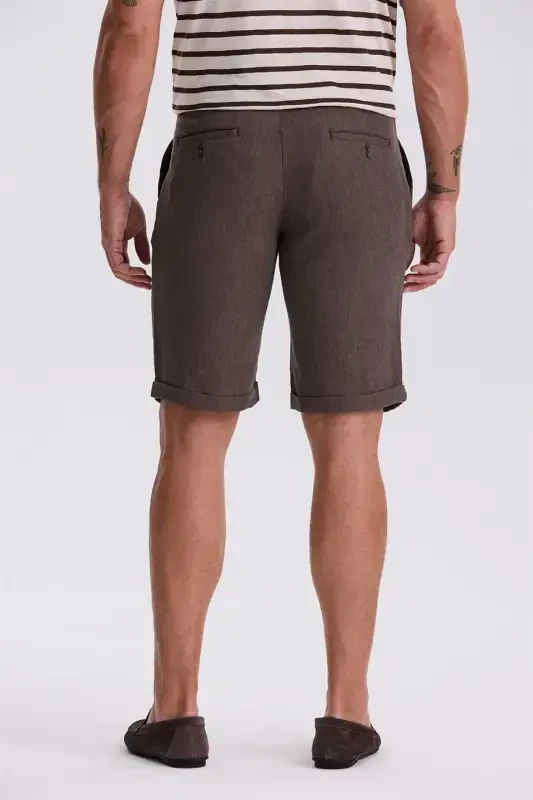 Kahve Comfort Fit Keten Dokulu Rahat Kesim Duble Paça Şort - 4