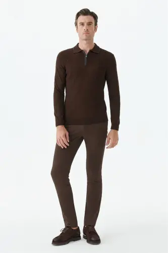 Kahve Comfort Fit Merinos Yünlü Fermuarlı Polo Yaka Triko - Jakamen (1)
