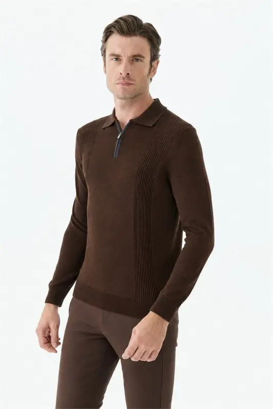 Kahve Comfort Fit Merinos Yünlü Fermuarlı Polo Yaka Triko - 3