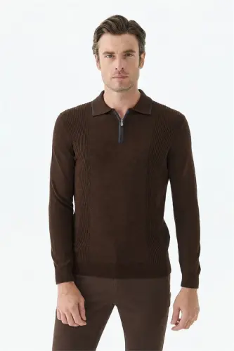 Kahve Comfort Fit Merinos Yünlü Fermuarlı Polo Yaka Triko - 4