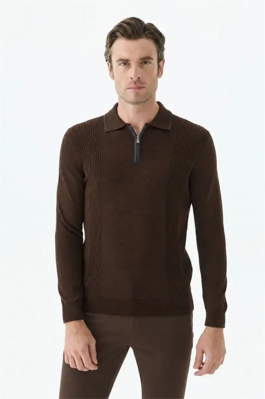 Kahve Comfort Fit Merinos Yünlü Fermuarlı Polo Yaka Triko - 4