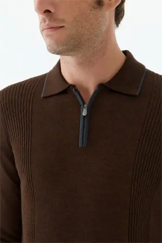 Kahve Comfort Fit Merinos Yünlü Fermuarlı Polo Yaka Triko - 5