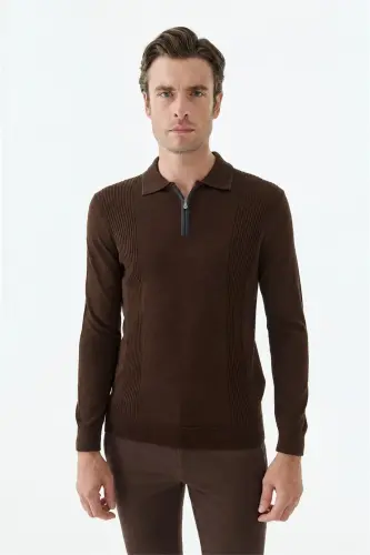 Kahve Comfort Fit Merinos Yünlü Fermuarlı Polo Yaka Triko - 6