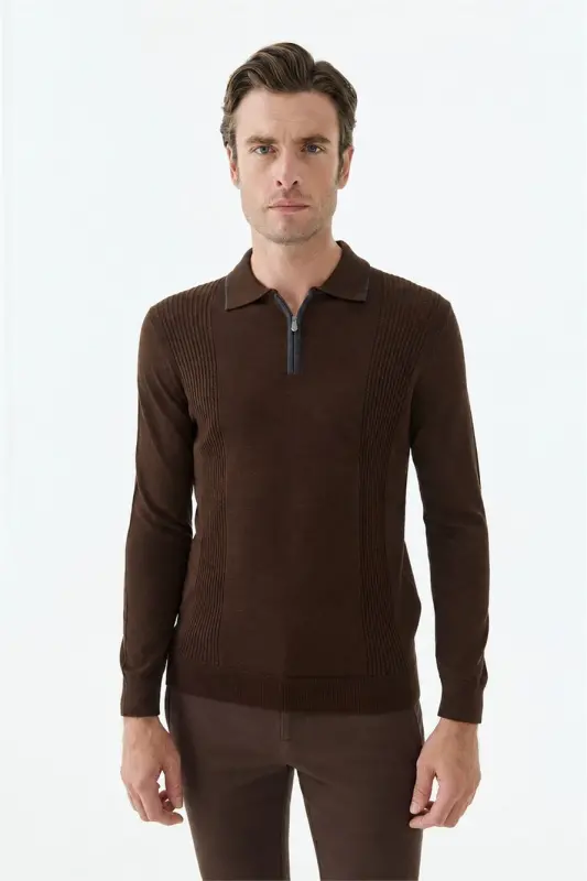 Kahve Comfort Fit Merinos Yünlü Fermuarlı Polo Yaka Triko - 6