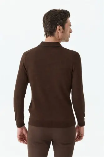 Kahve Comfort Fit Merinos Yünlü Fermuarlı Polo Yaka Triko - 7