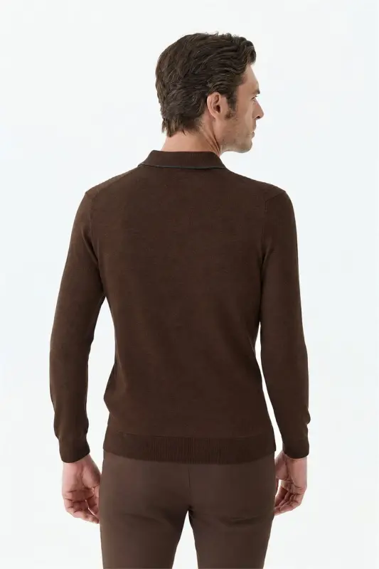 Kahve Comfort Fit Merinos Yünlü Fermuarlı Polo Yaka Triko - 7