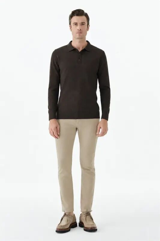 Kahve Comfort Fit Polo Yaka Yünlü Triko - 1