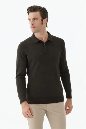 Kahve Comfort Fit Polo Yaka Yünlü Triko - 3