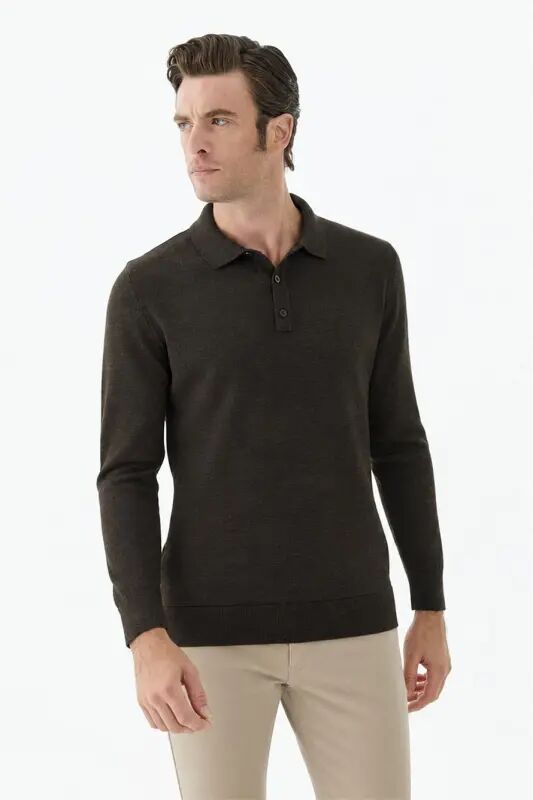 Kahve Comfort Fit Polo Yaka Yünlü Triko - 3