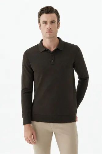Kahve Comfort Fit Polo Yaka Yünlü Triko - 4