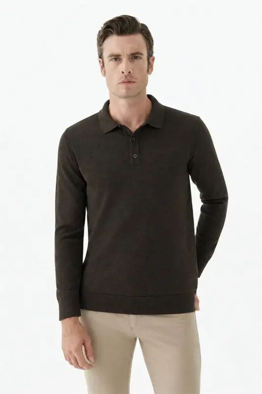 Kahve Comfort Fit Polo Yaka Yünlü Triko - 4