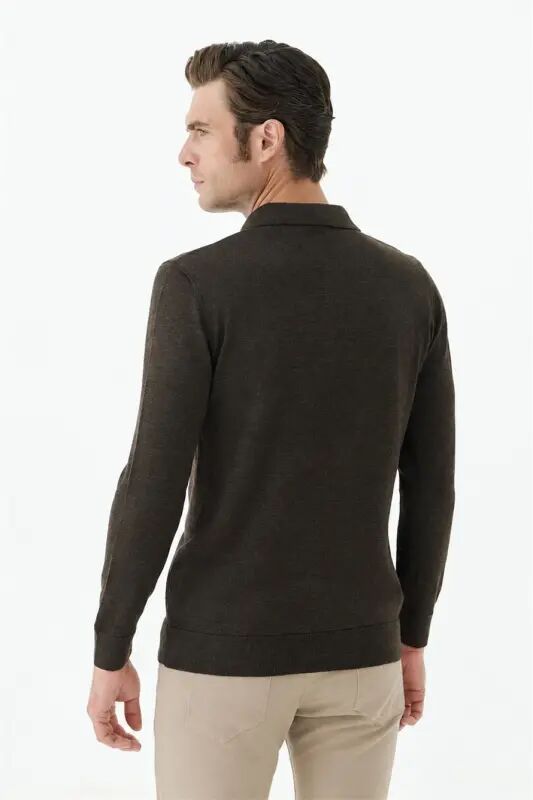 Kahve Comfort Fit Polo Yaka Yünlü Triko - 6