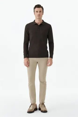 Kahve Comfort Fit Polo Yaka Yünlü Triko 