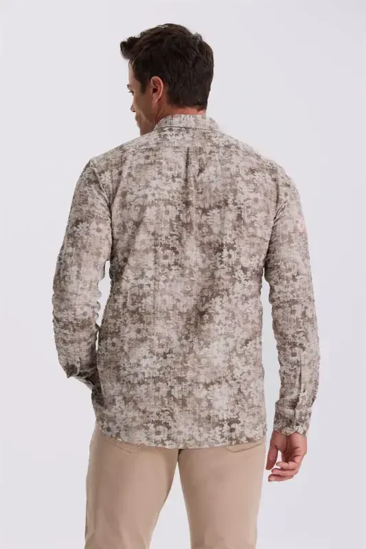 Kahve Desenli Düğmeli Yaka Comfort Fit Gömlek - 4