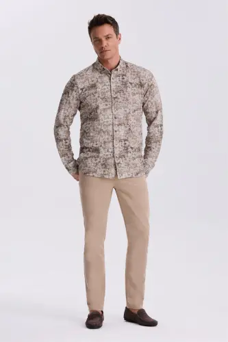 Kahve Desenli Düğmeli Yaka Comfort Fit Gömlek - JAKAMEN (1)