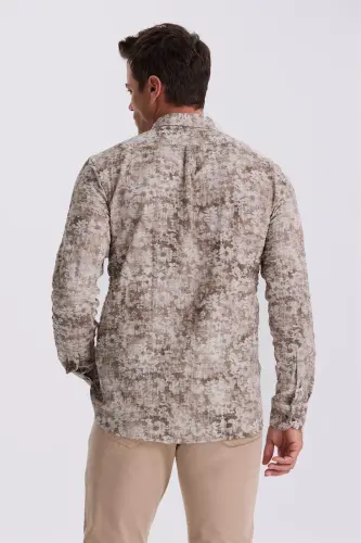Kahve Desenli Düğmeli Yaka Comfort Fit Gömlek - 4