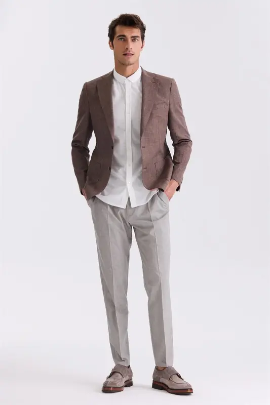 Kahve Slim Fit Mono Yaka Keten Spor Ceket - 2