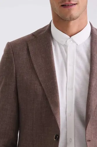 Kahve Slim Fit Mono Yaka Keten Spor Ceket - 3