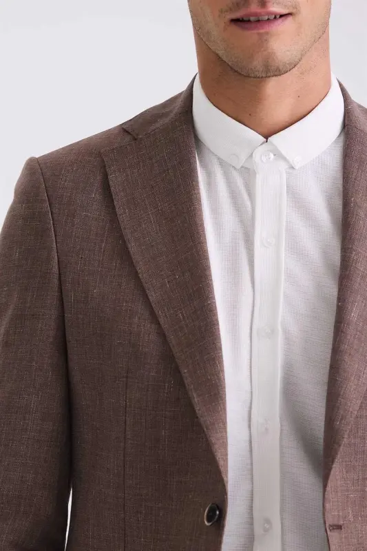 Kahve Slim Fit Mono Yaka Keten Spor Ceket - 3