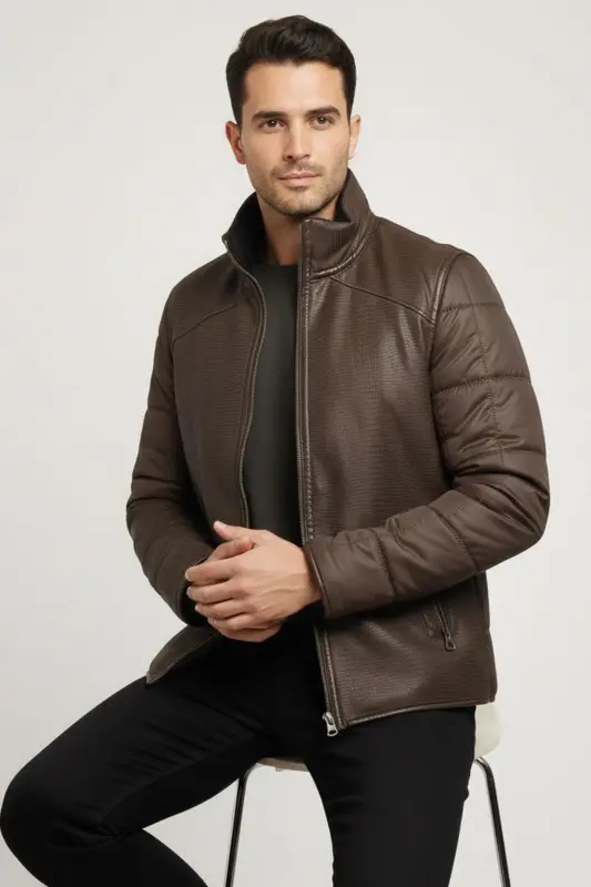 Kahve James Yaka Kürk Arka Beden ve Kollar Kapitone Kumaş Fermuarlı Astarsız Erkek Hakiki Deri Mont-Kahverengi - 1