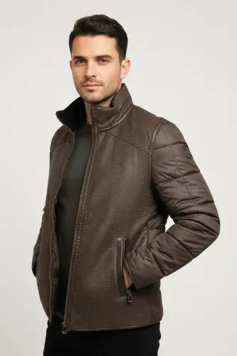 Kahve James Yaka Kürk Arka Beden ve Kollar Kapitone Kumaş Fermuarlı Astarsız Erkek Hakiki Deri Mont-Kahverengi - 3