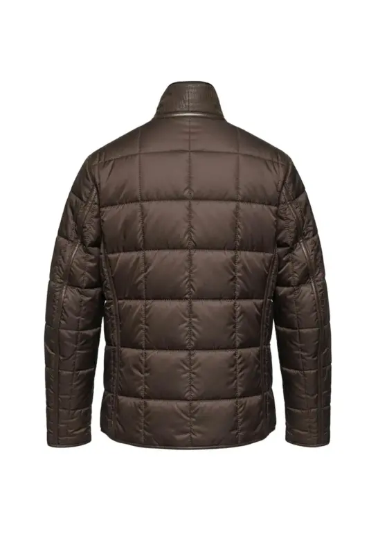 Kahve James Yaka Kürk Arka Beden ve Kollar Kapitone Kumaş Fermuarlı Astarsız Erkek Hakiki Deri Mont-Kahverengi - 7